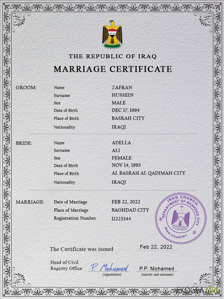 Modèle PSD de certificat de mariage en Irak